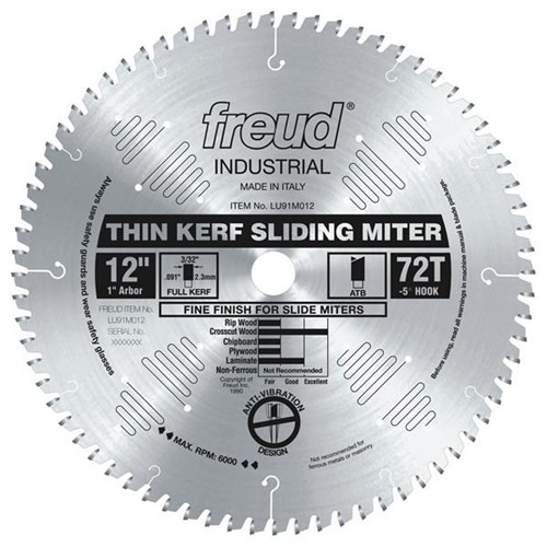 freud LU91M012 12 x 72t thin kerf sliding compound miter saw blade